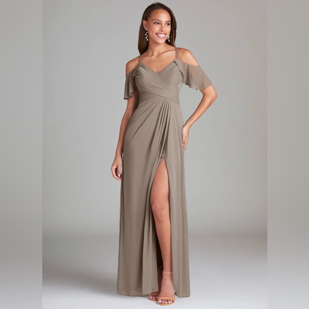 Azazie Brown Pleated Slit Gown